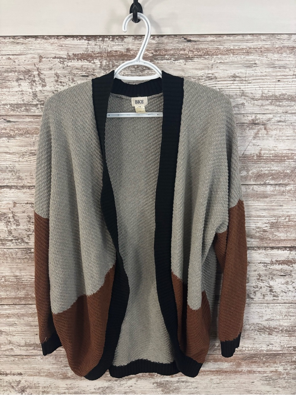 BKE Colorblock Open Front Sweater Cardigan - Gray & Brown